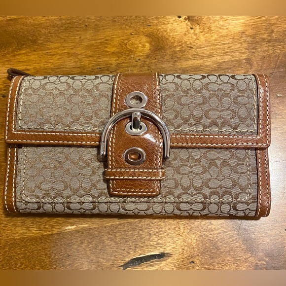 Coach Handbags - Coach Brown and Tan Signature Wallet with Silver Accent